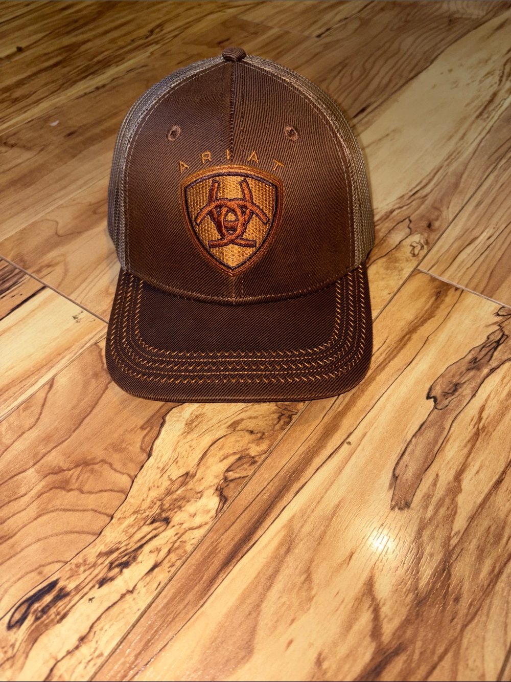 Ariat Brown and Tan Trucker Cap with Embroidered Shield never worn